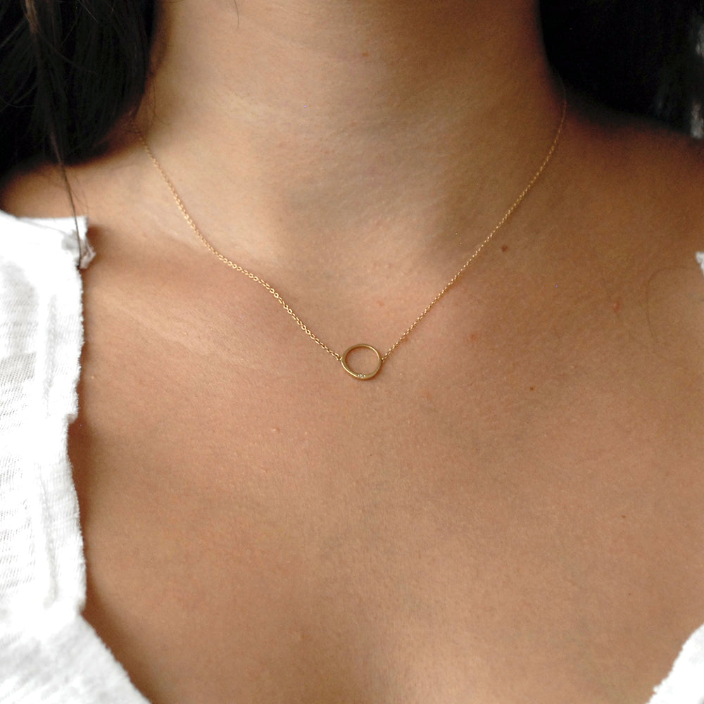 Offset Circle Necklace 14K Rose gold/oxidized Silver Chain